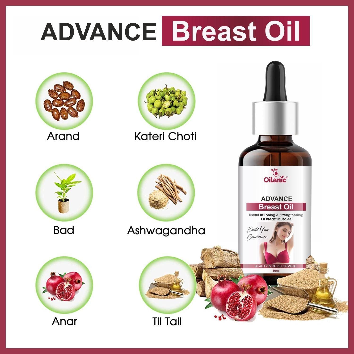 Oilanic Natural B 36 Plus Breast Enlargement Oil- For Firming, Lifting Up, Tightening, Reshaping & Breast Massage Combo Pack of 2 Bottles of 30 ml (60 ml)